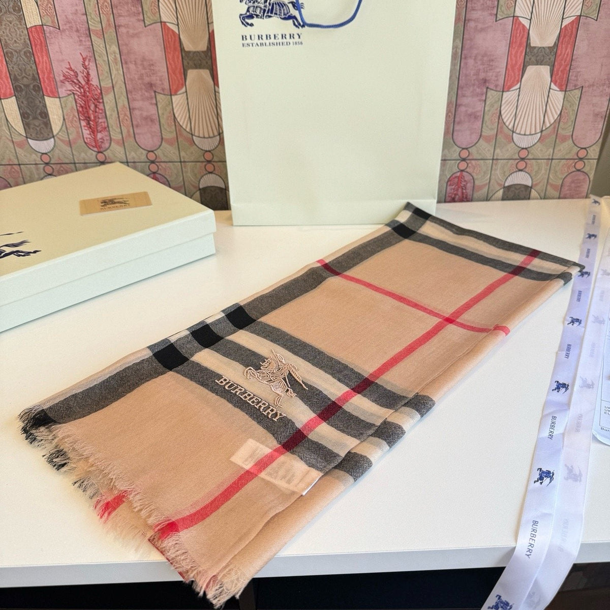 Burberry Beige Plaid Cashmere Scarf — front