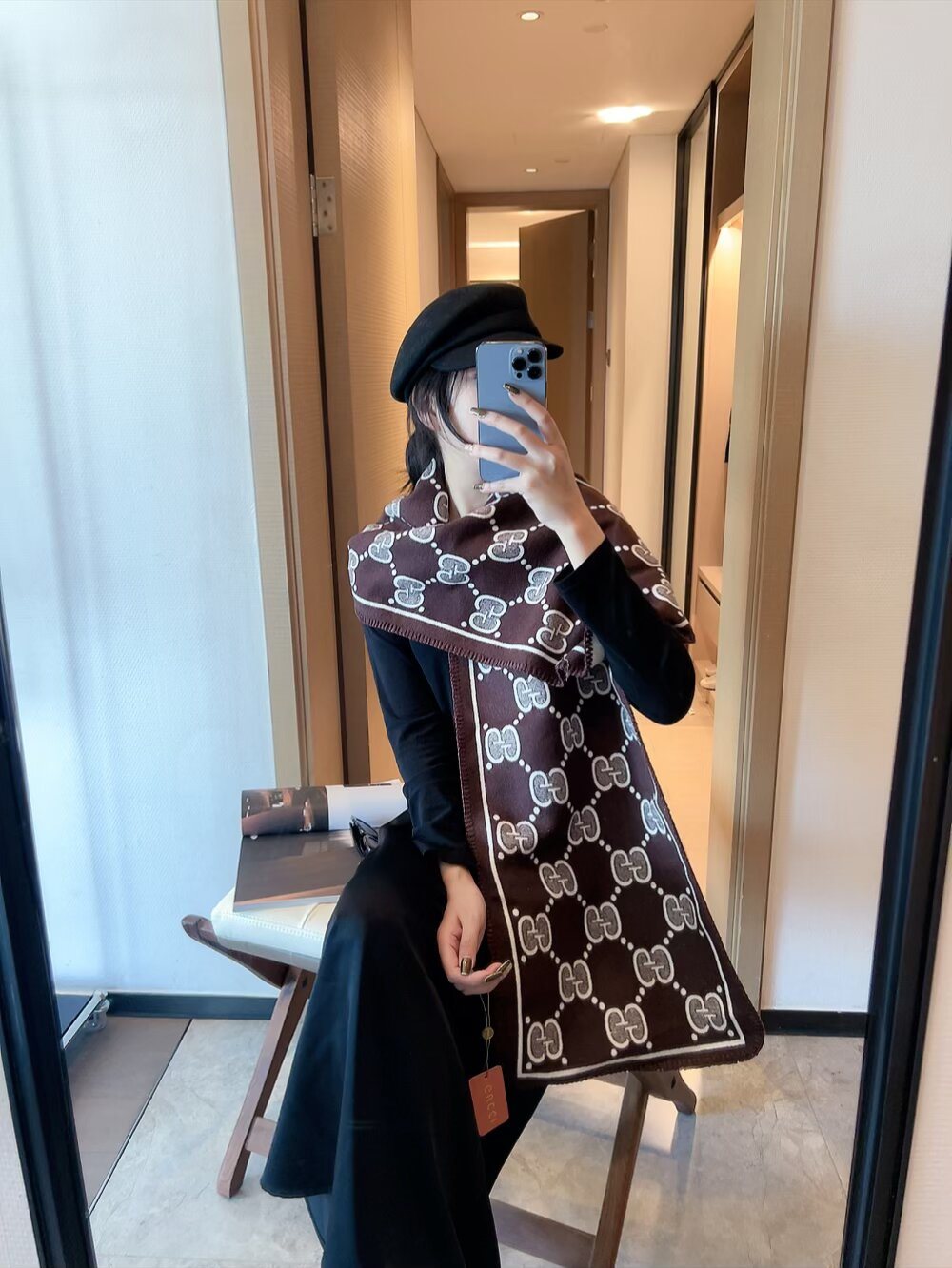 Gucci Fringed Motif Scarf — model
