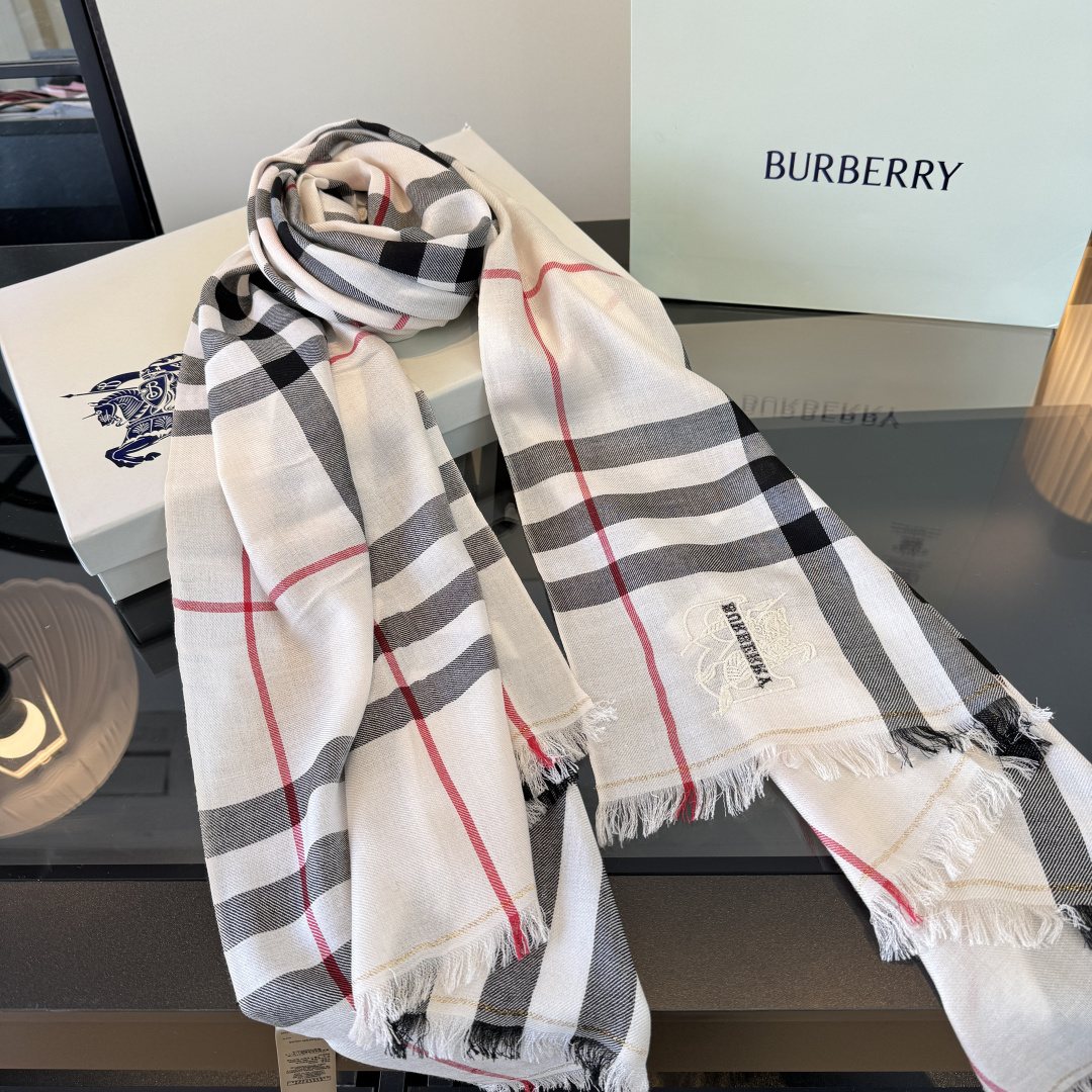 Burberry Plaid Fringe Cashmere Scarf — front