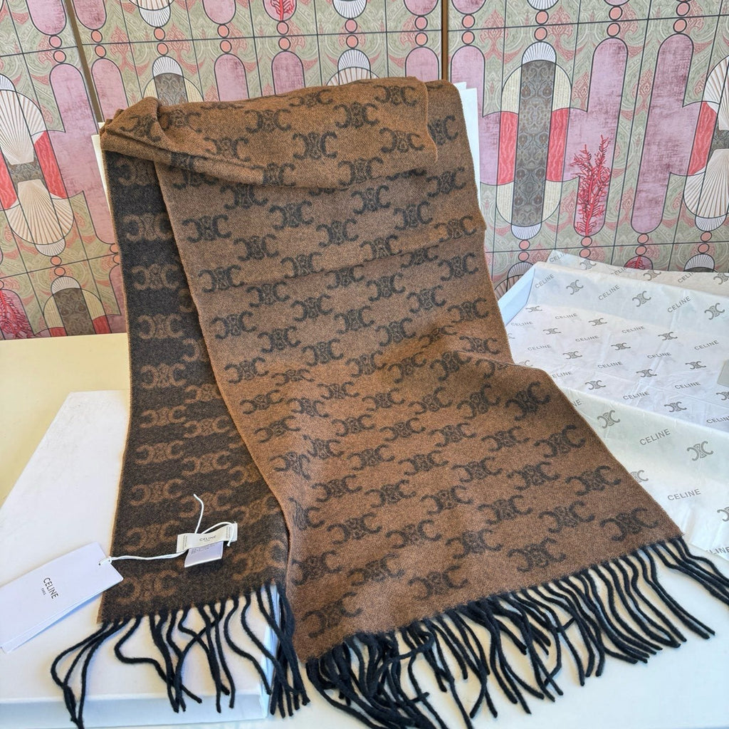 Celine Brown Patterned Fringed Scarf — front