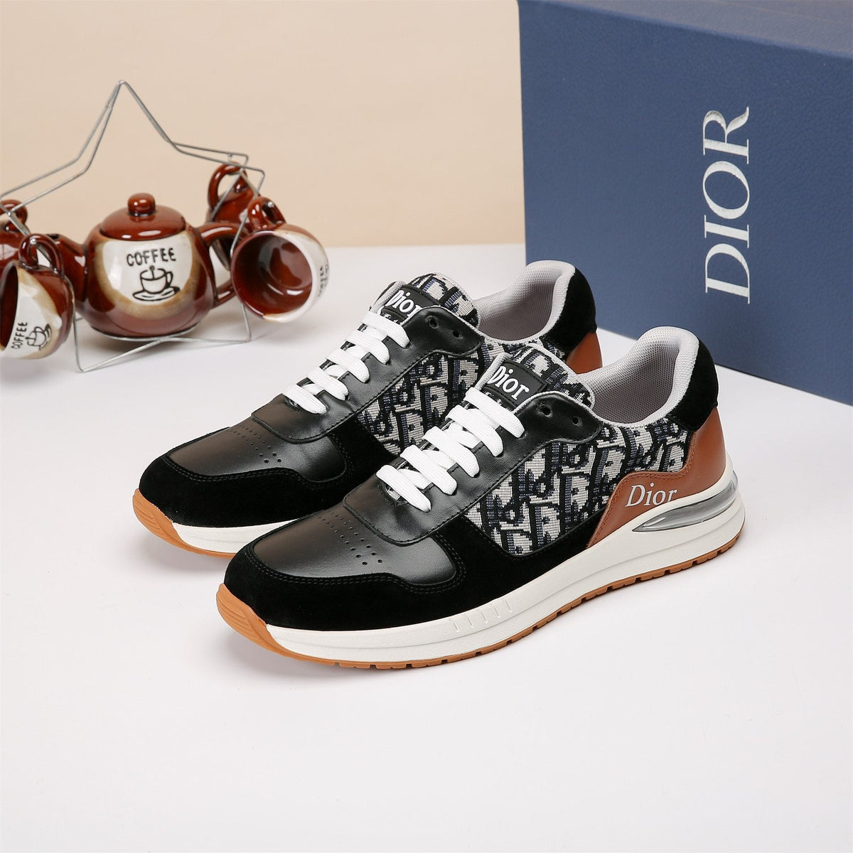Dior White, Black & Tan Low-Top Sneakers — front