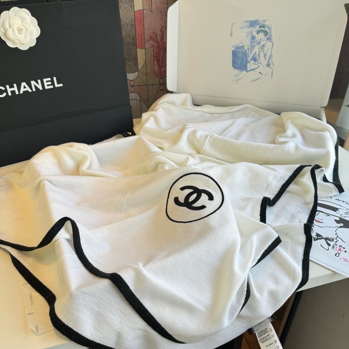 Chanel Contrast-Trim Logo Scarf — front