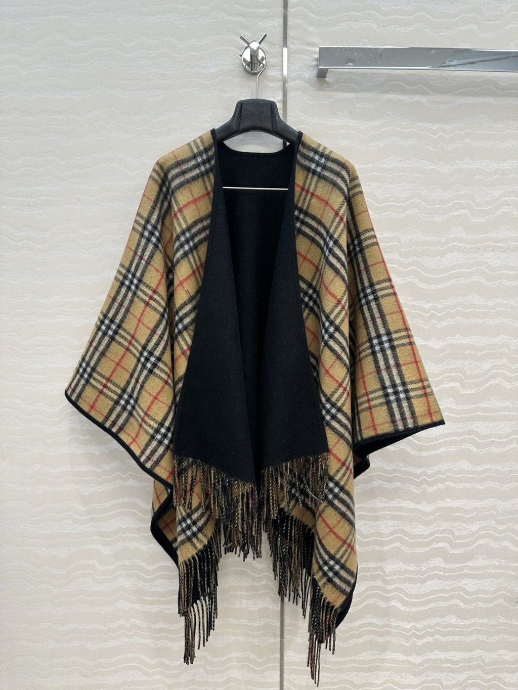Black Reversible Plaid Fringed Poncho — front