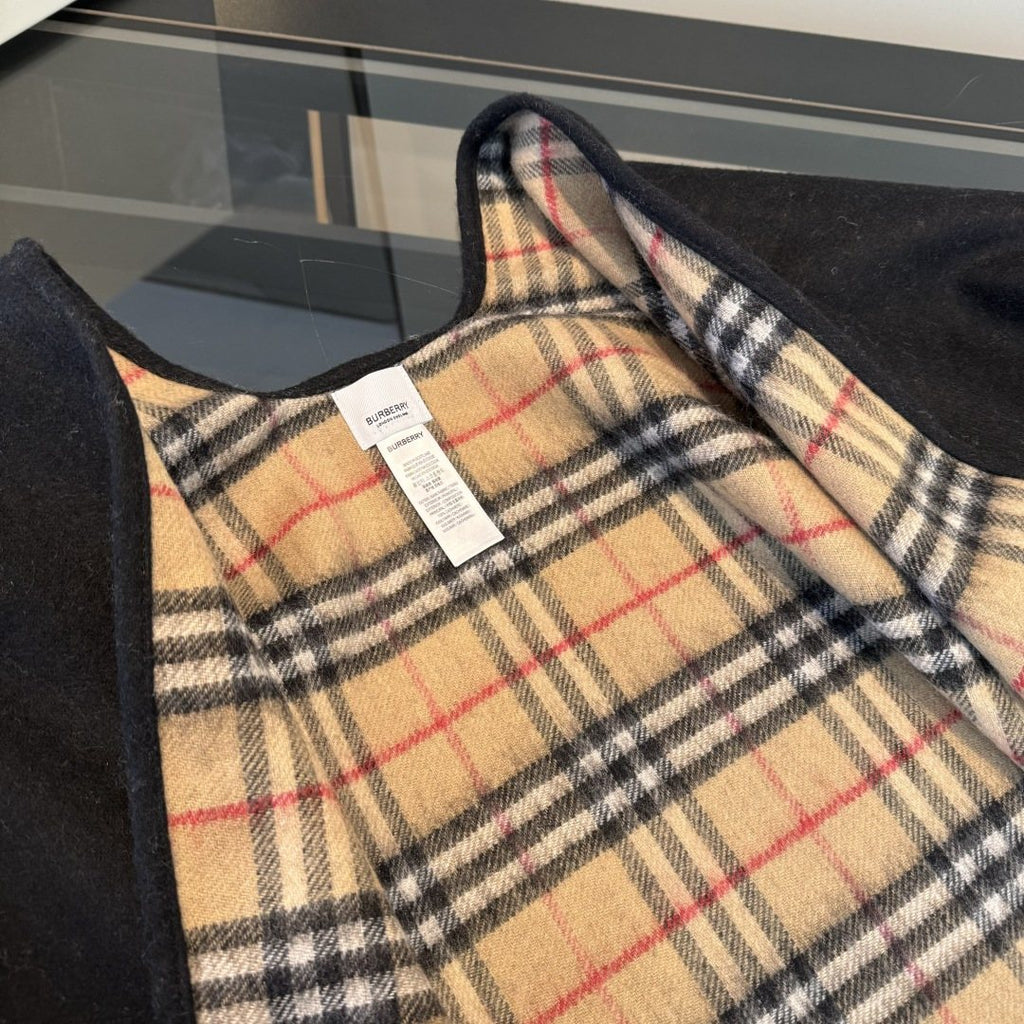 Black Reversible Plaid Fringed Poncho — detail