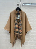 Black Reversible Plaid Fringed Poncho — front