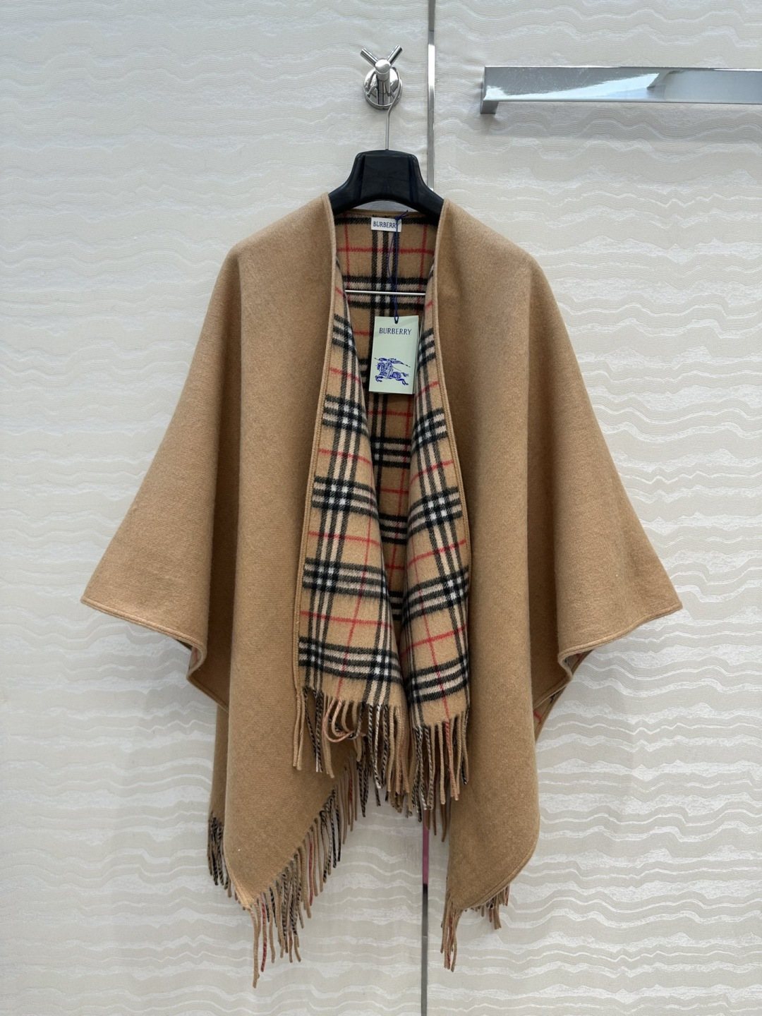 Black Reversible Plaid Fringed Poncho — front