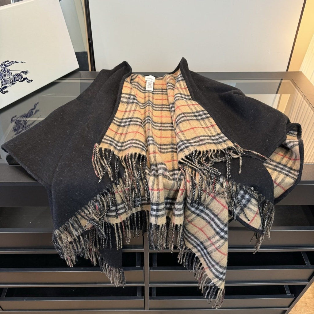 Black Reversible Plaid Fringed Poncho — front