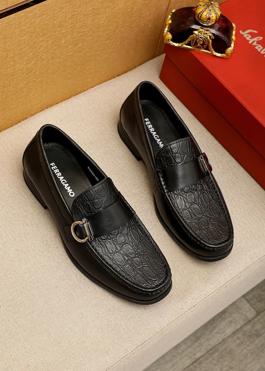 Ferragamo Embossed Buckle Loafers — front