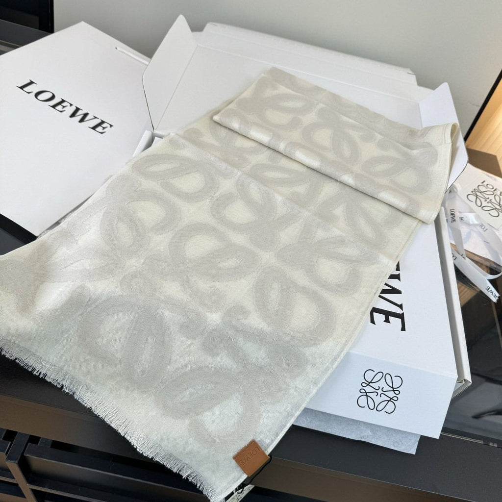 LOEWE Ivory Anagram Fringe Scarf — detail