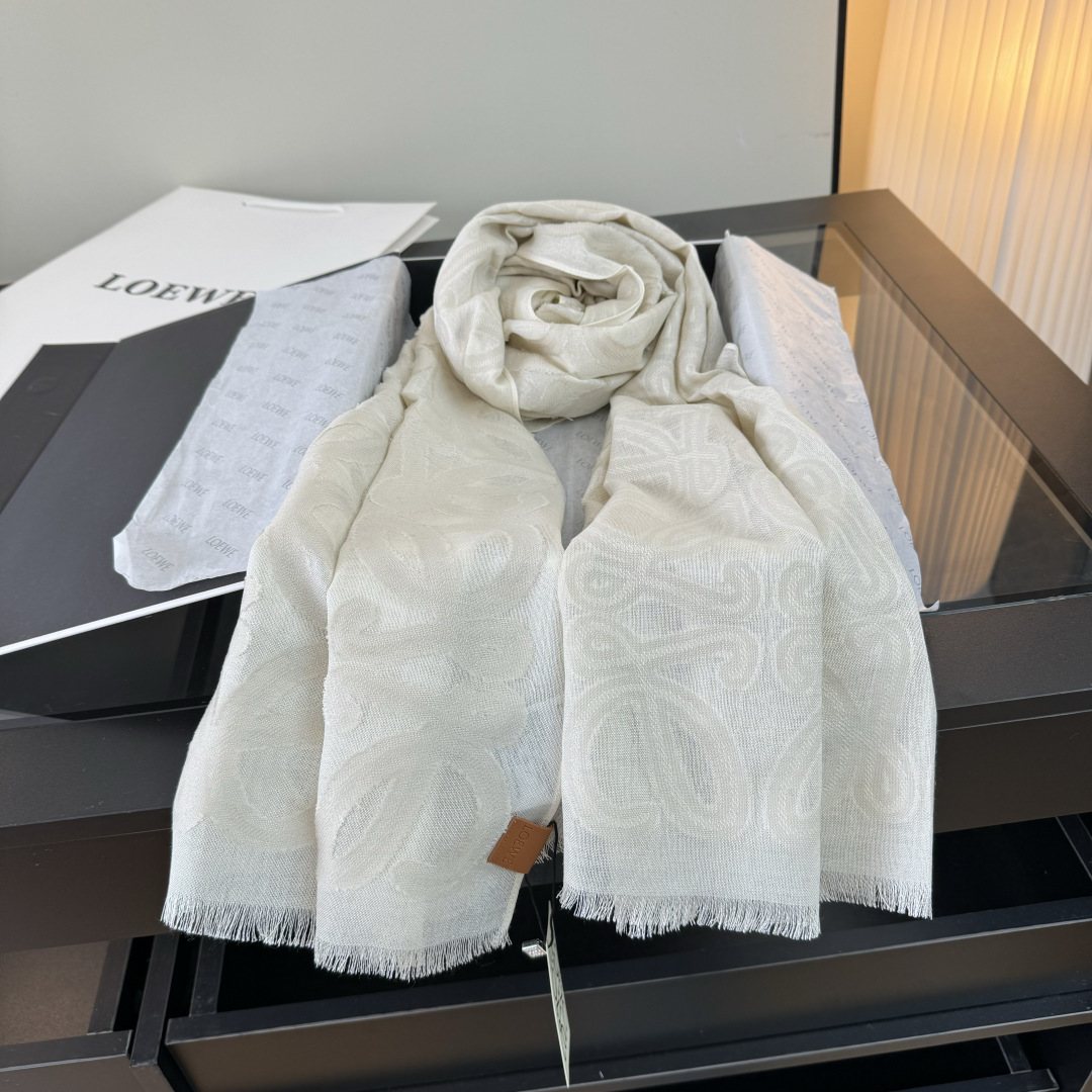 LOEWE Ivory Anagram Fringe Scarf — detail