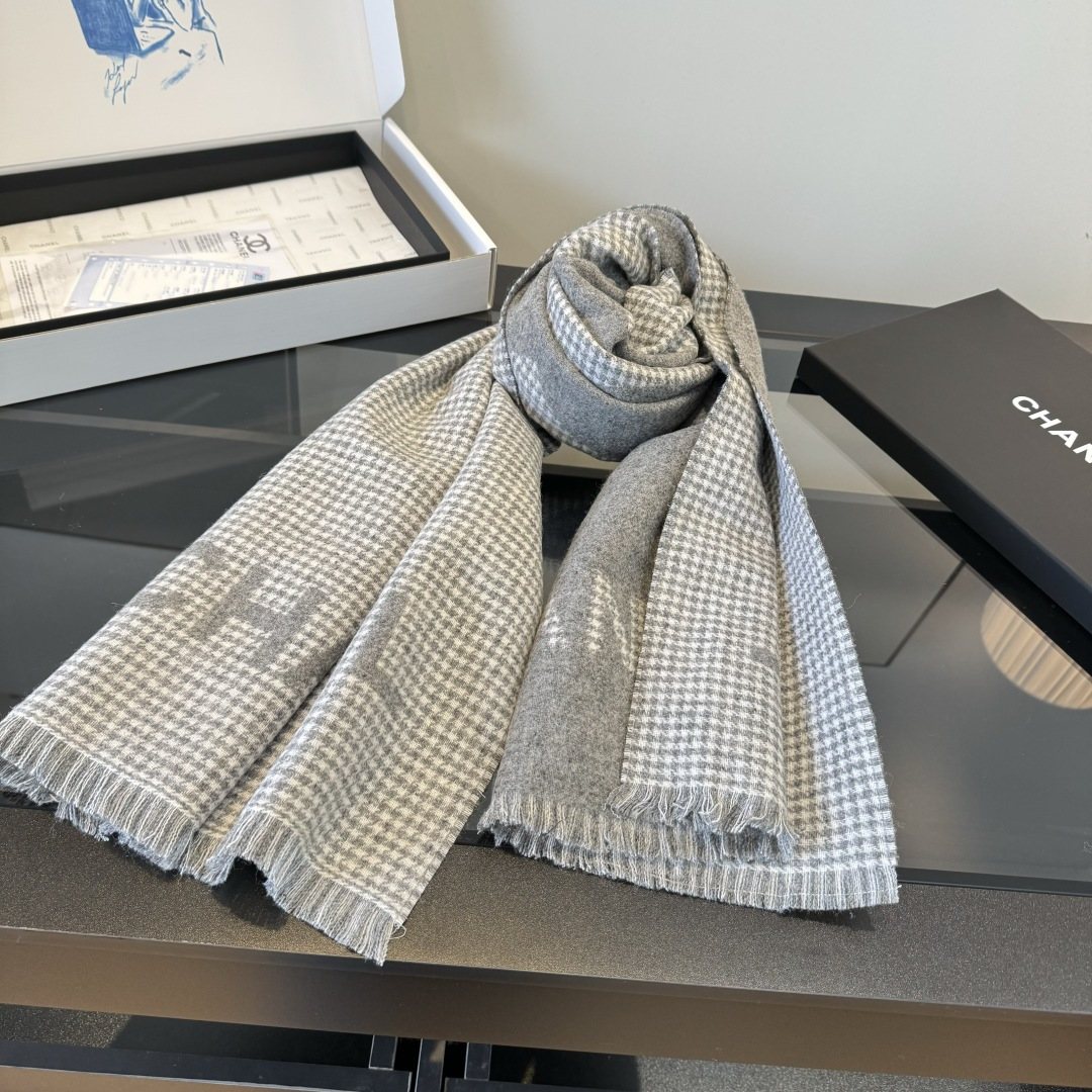 Chanel Houndstooth Fringed Scarf — front