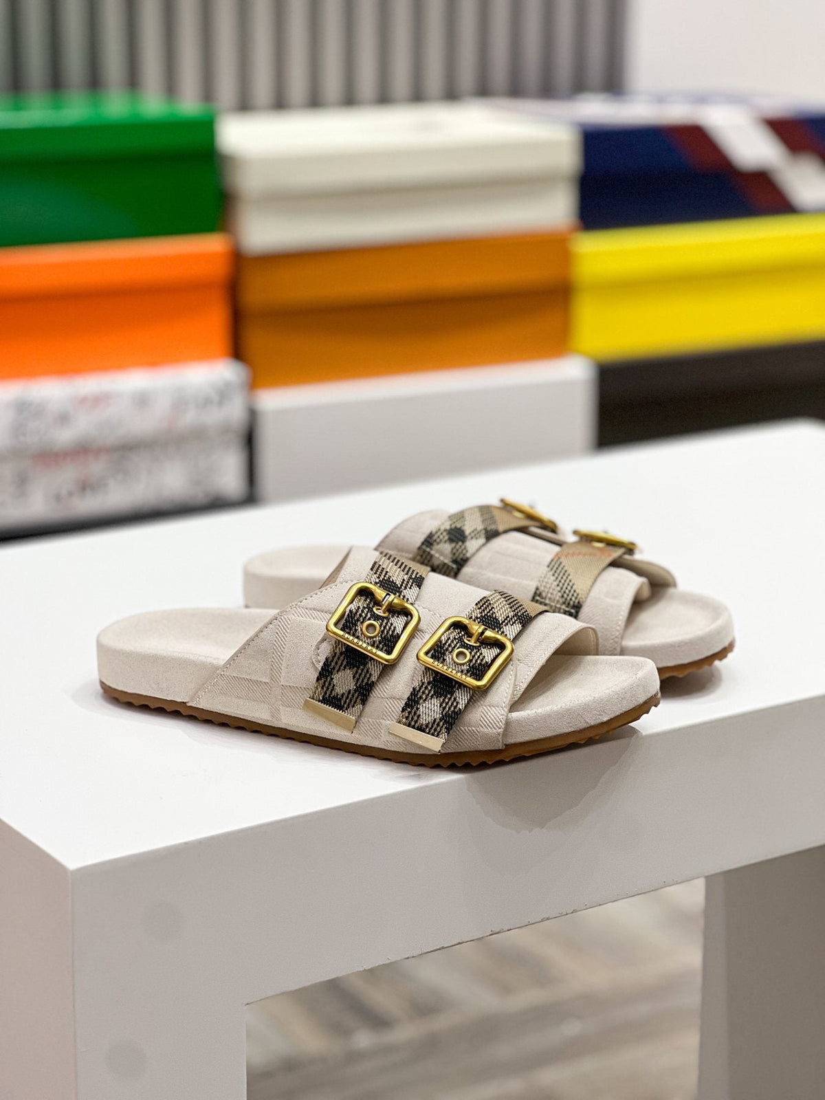 Burberry Check Buckle Slide Sandals — front