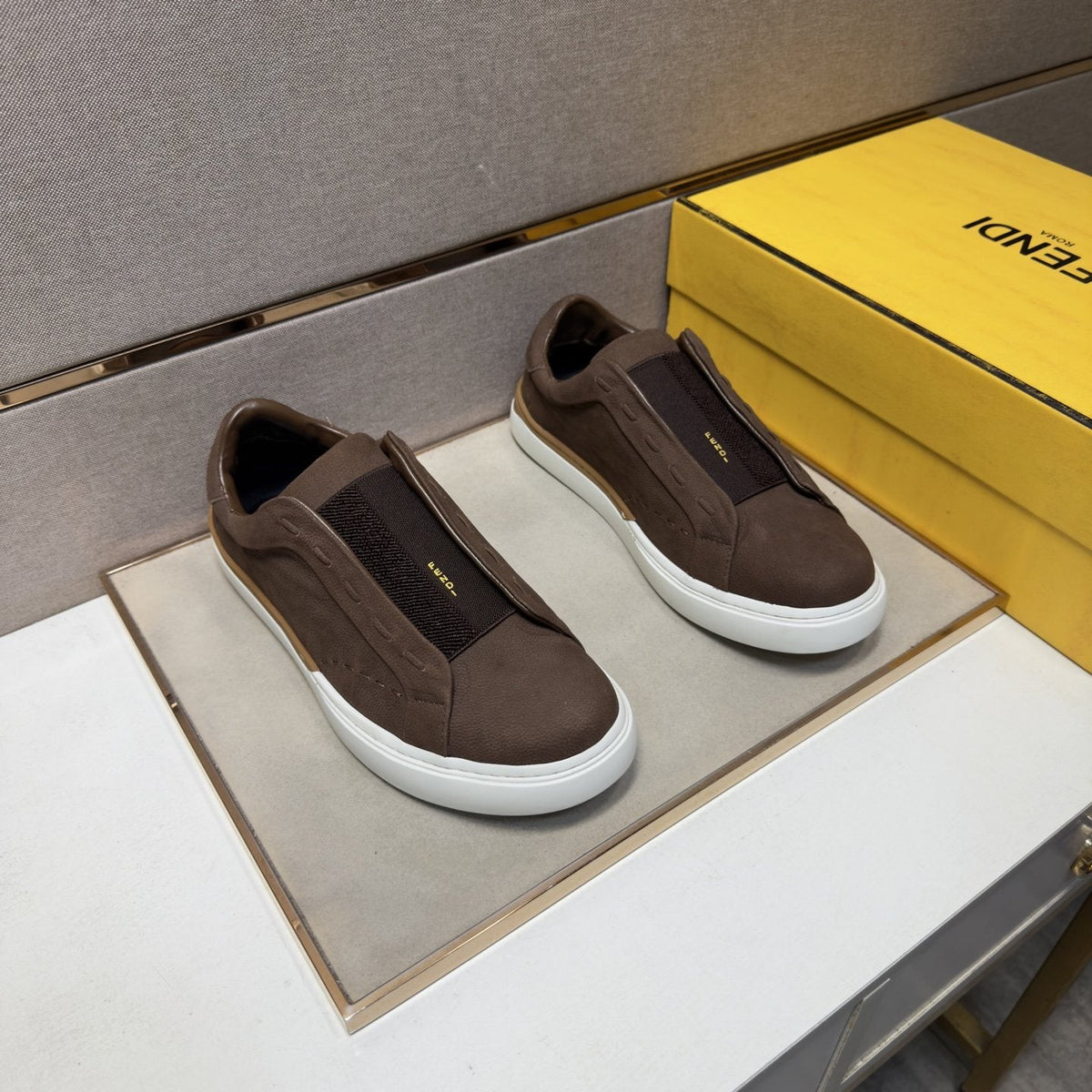 Fendi Brown-Gold Accent Slip-On Sneakers — front