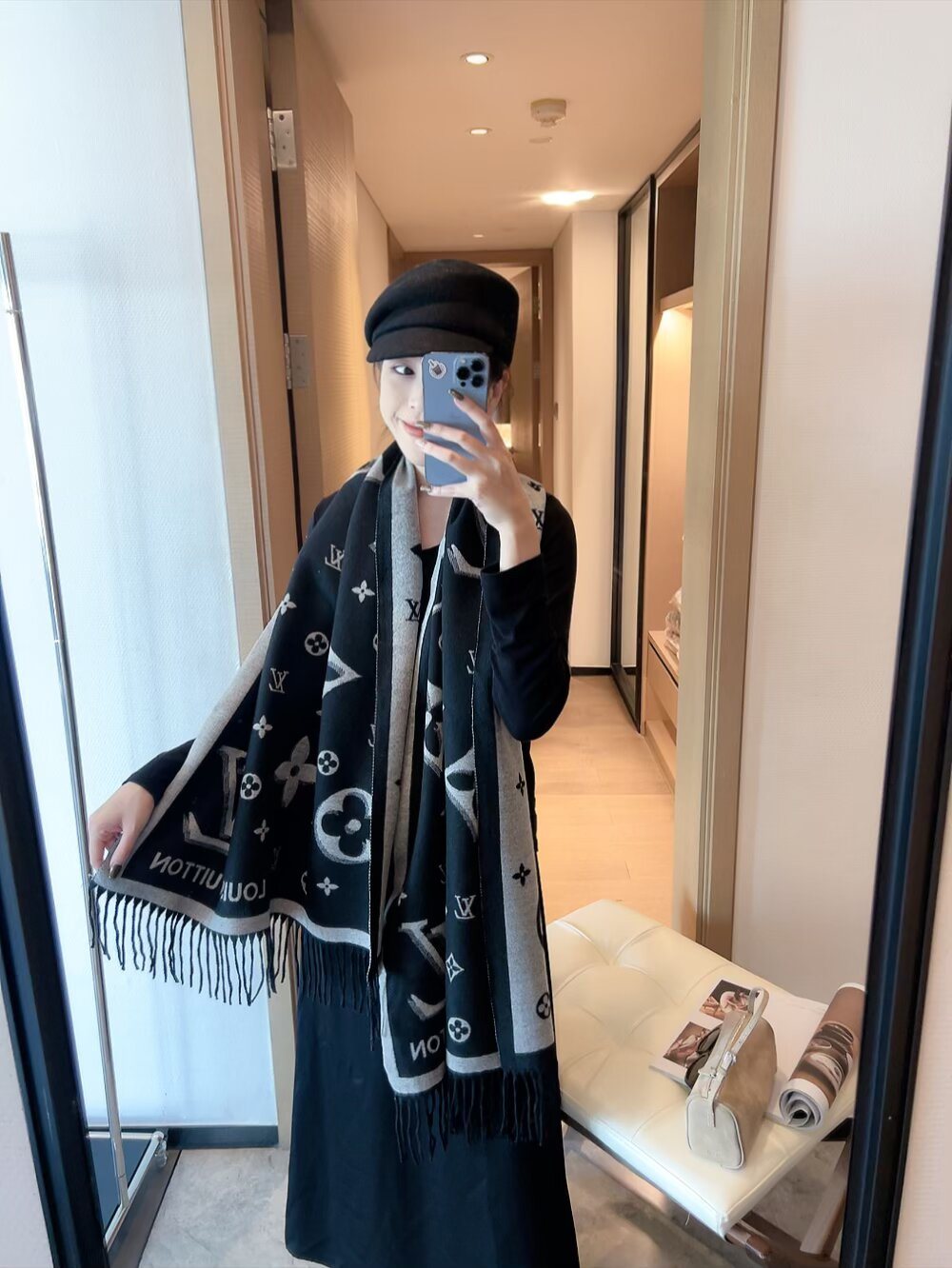Louis Vuitton Fringed Monogram Scarf — model