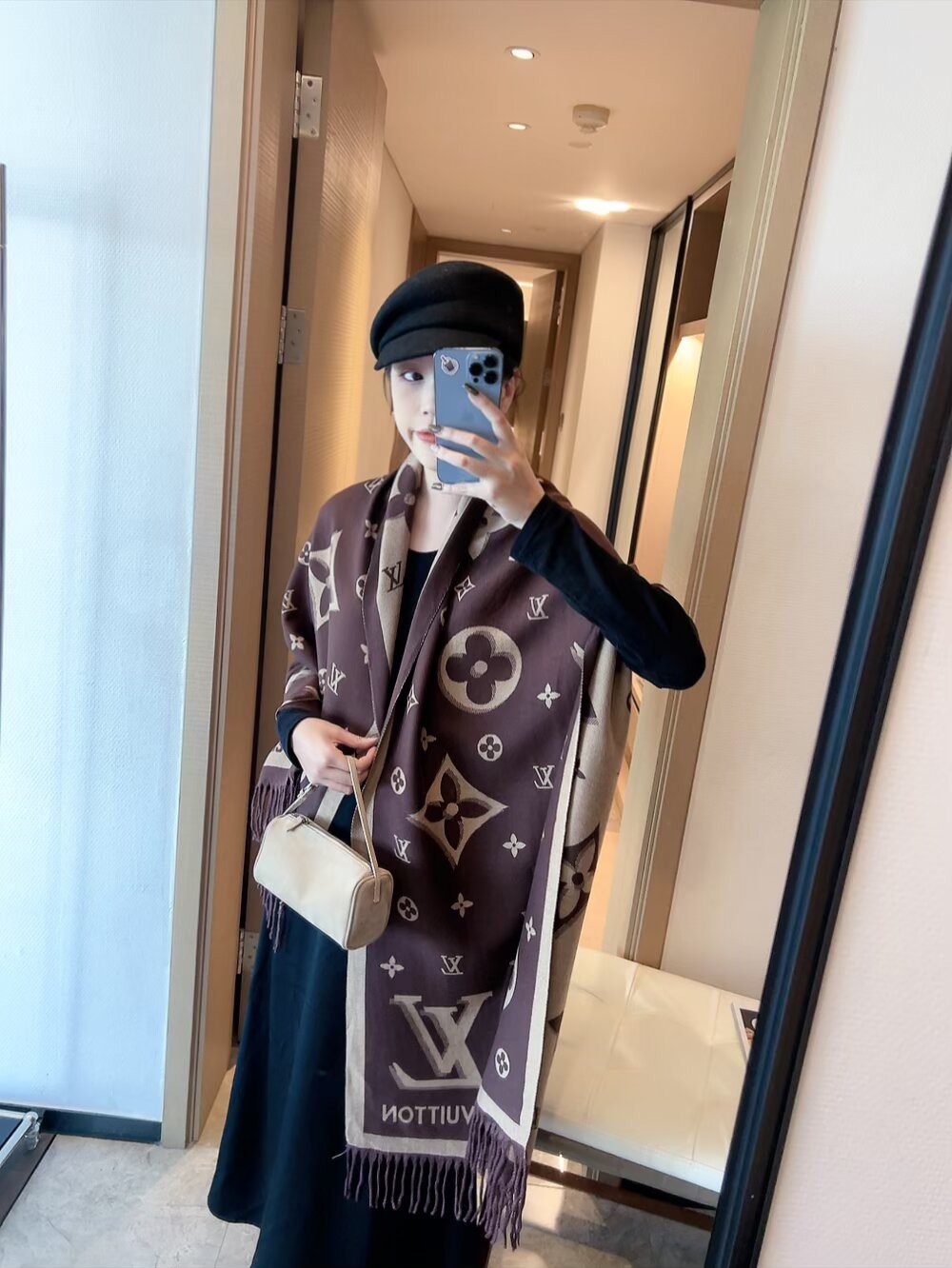 Louis Vuitton Fringed Monogram Scarf — model