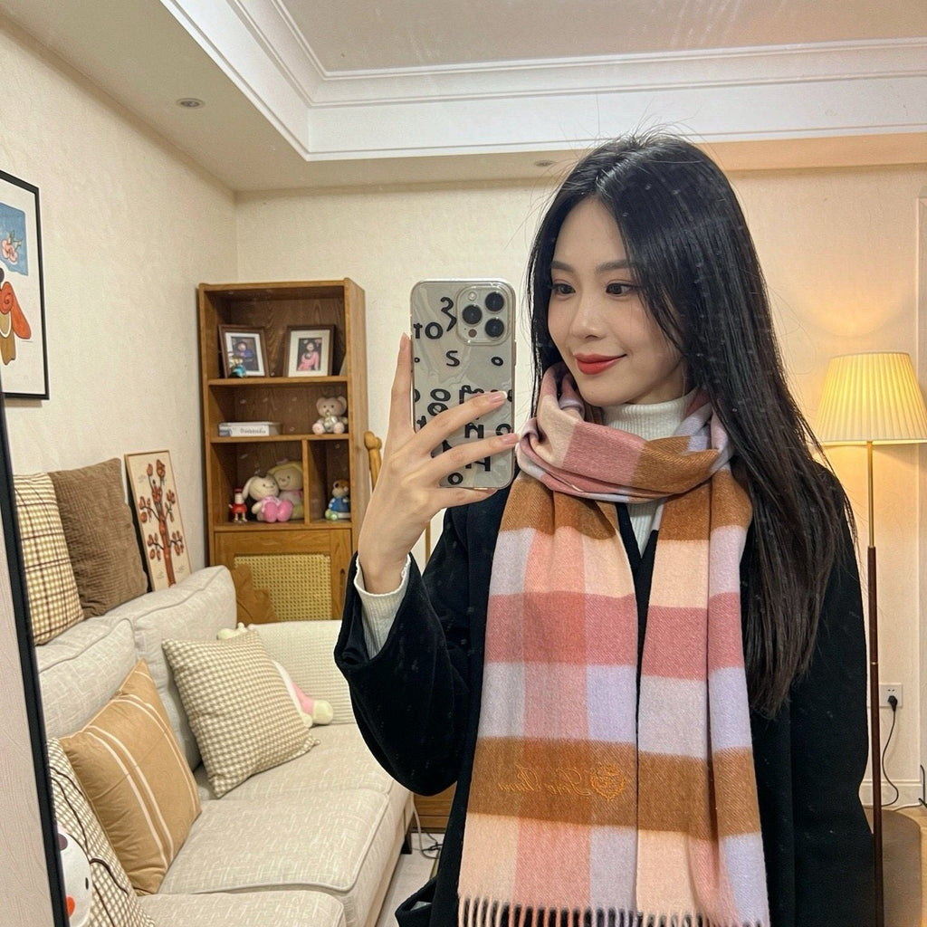 Loro Piana Pink Tan Lavender Plaid Scarf — model