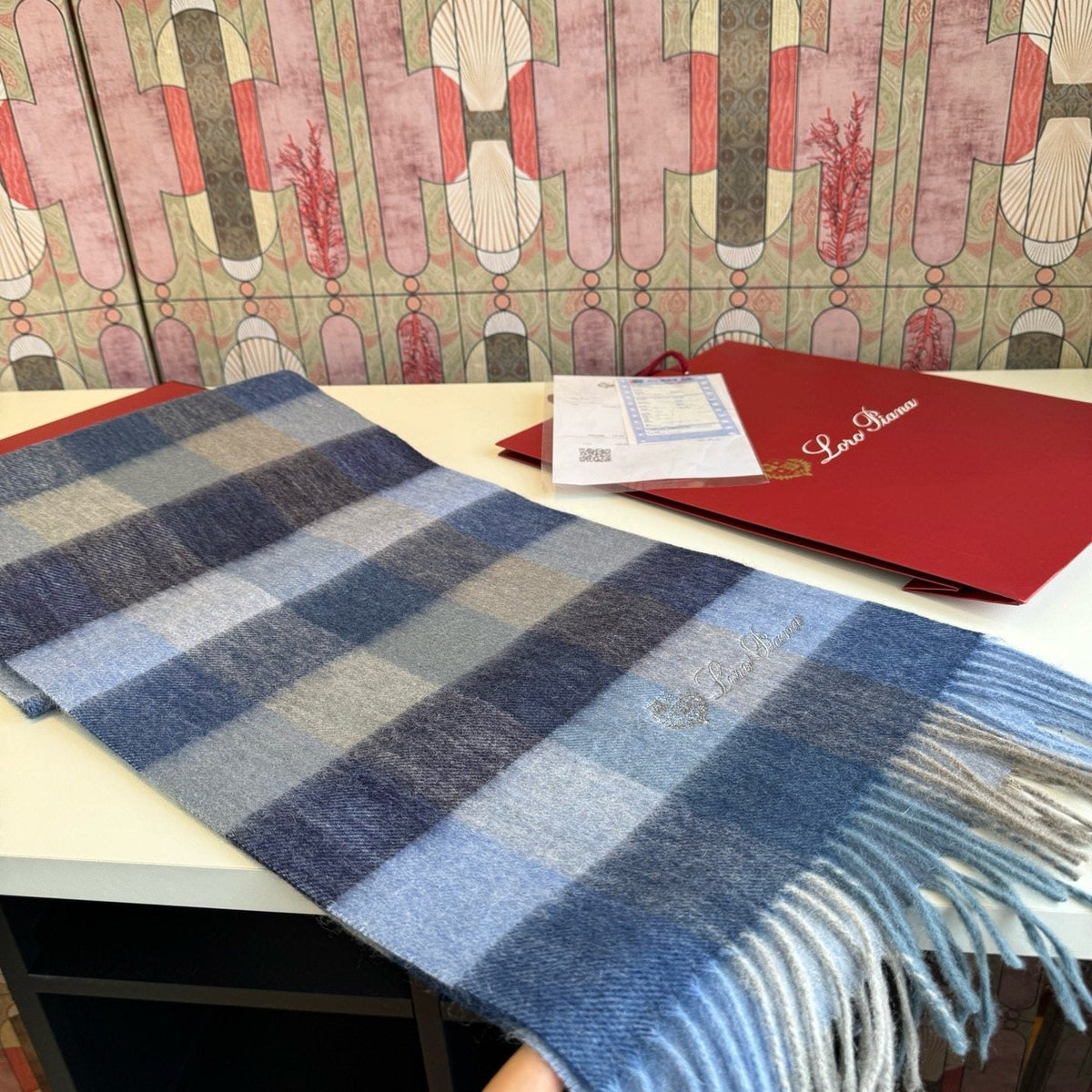 Loro Piana Pink Tan Lavender Plaid Scarf — front