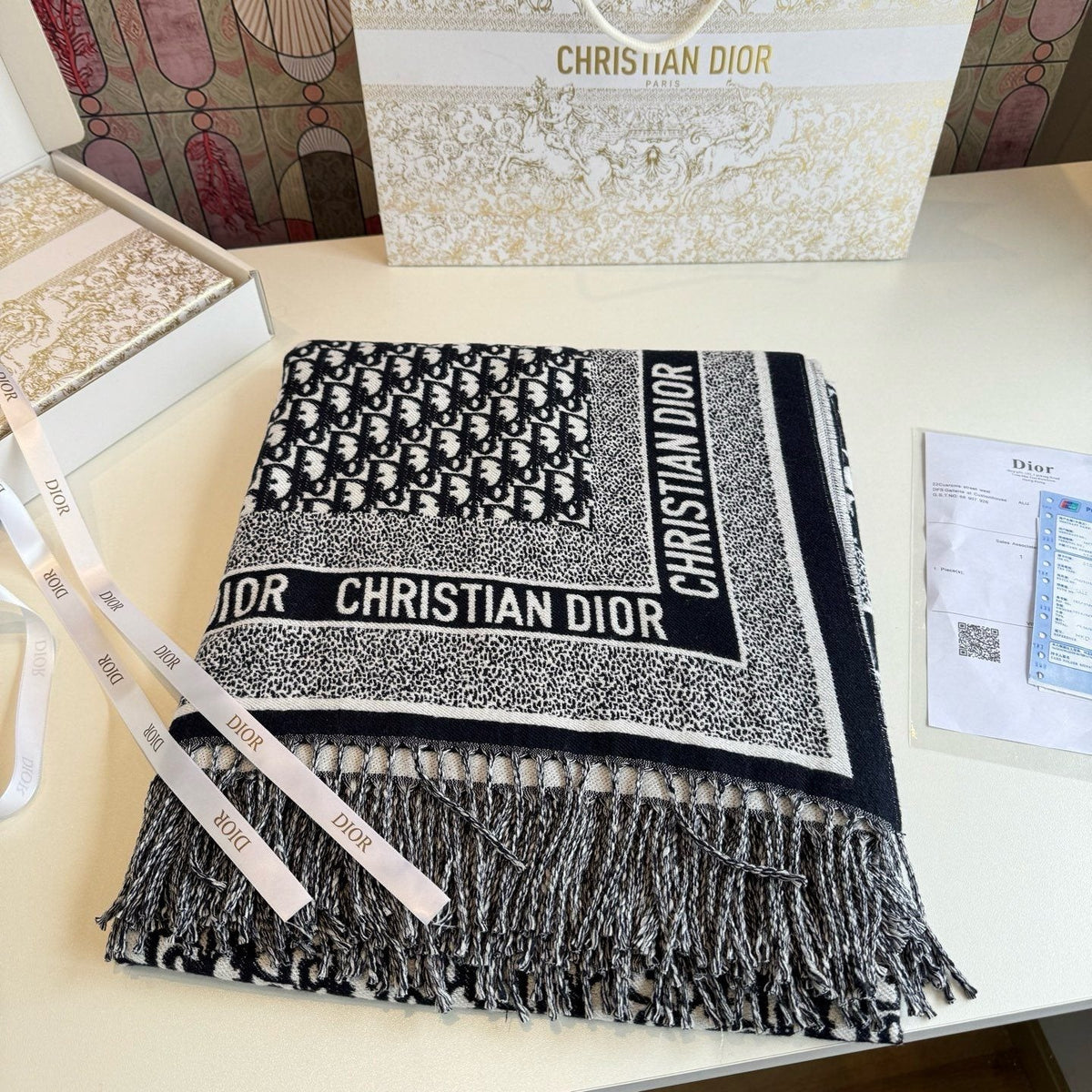 Dior Fringed Monogram Scarf — front