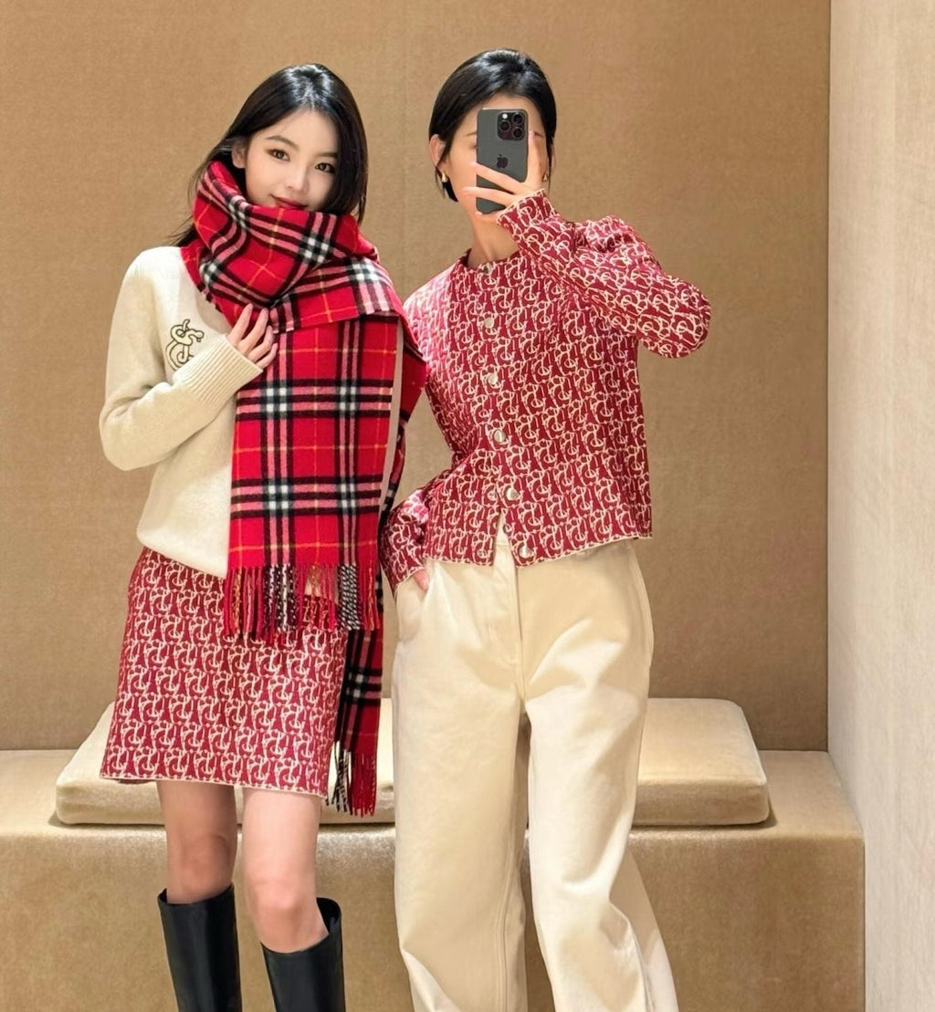 Burberry Red Plaid Fringed Scarf — front