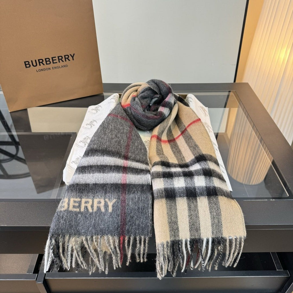 Burberry Charcoal Gray and Beige Plaid Scarf — side
