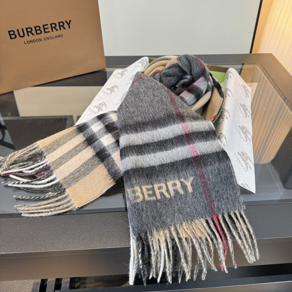 Burberry Charcoal Gray and Beige Plaid Scarf — front