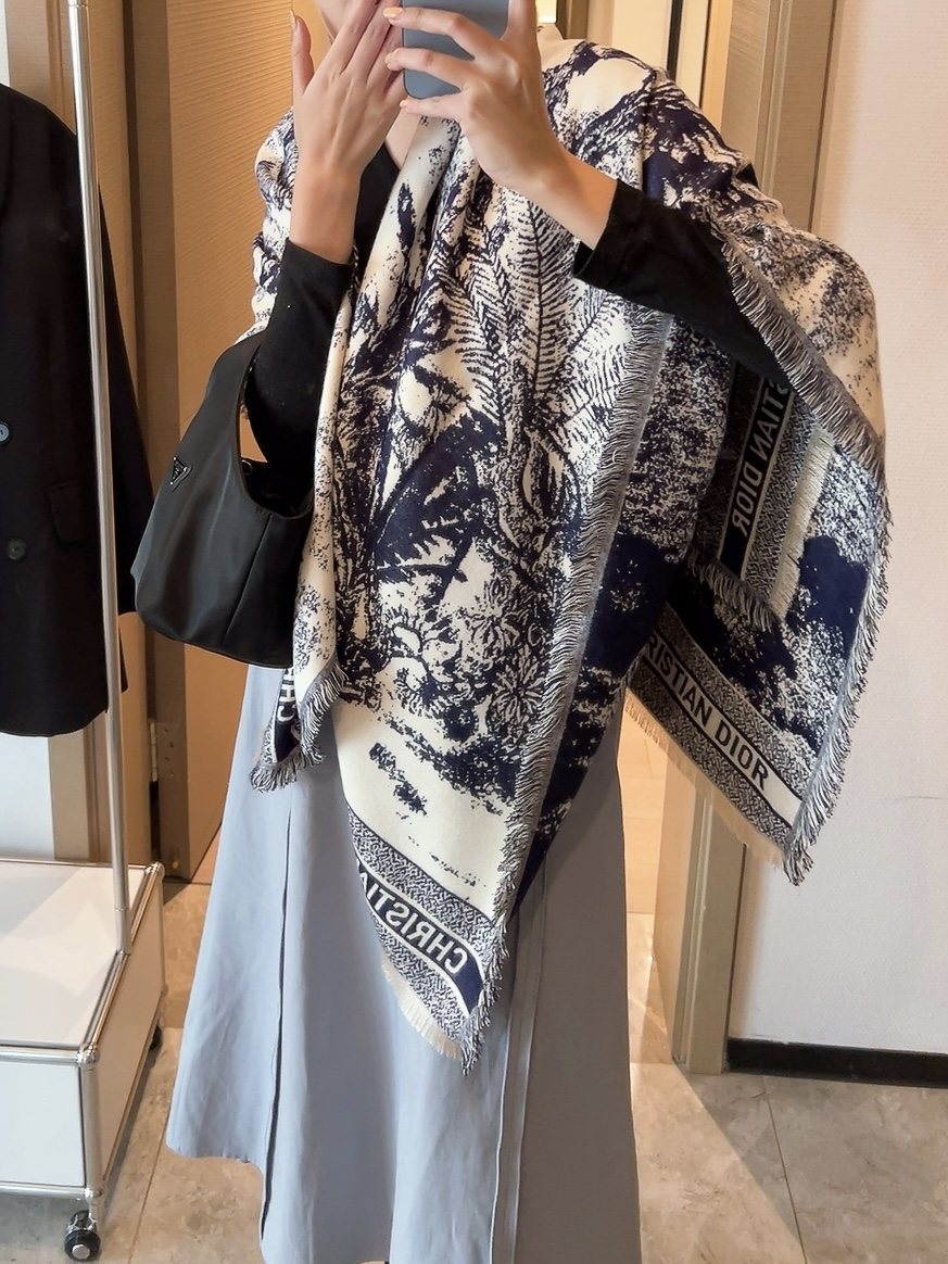 Dior Botanical Print Fringe Square Scarf — model