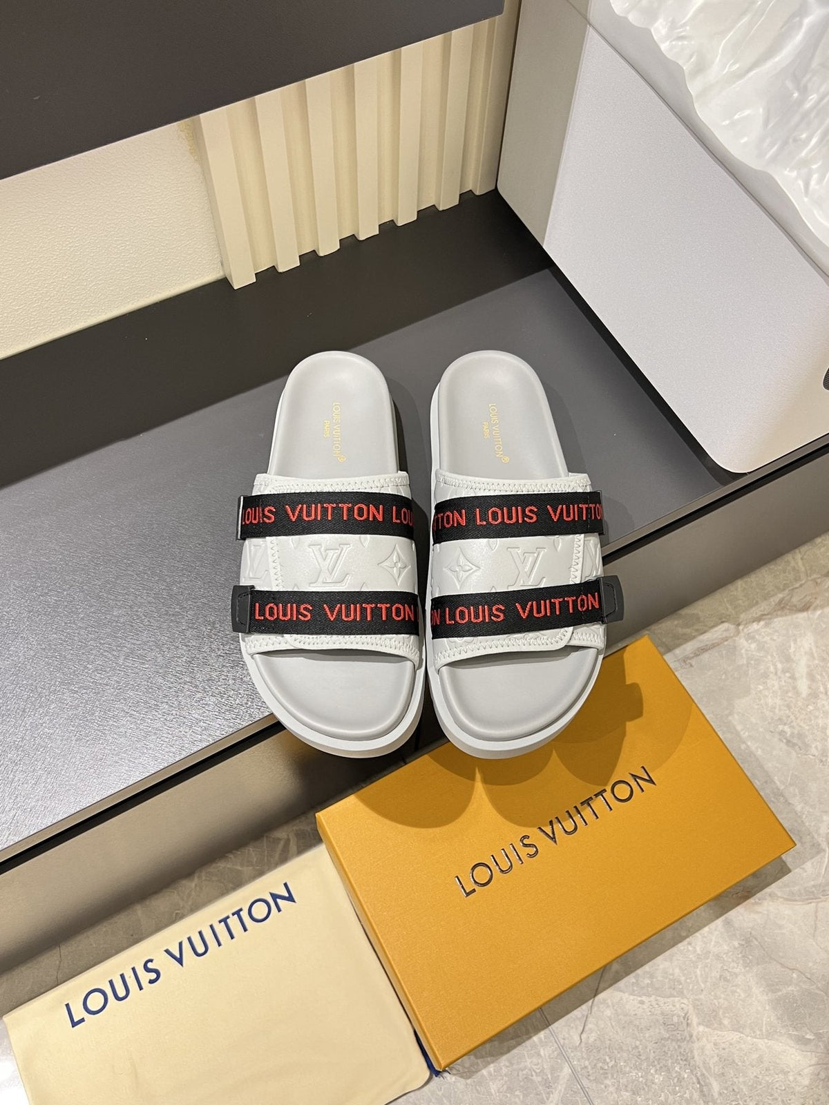 Louis Vuitton Wide Strap Slide Sandals — front
