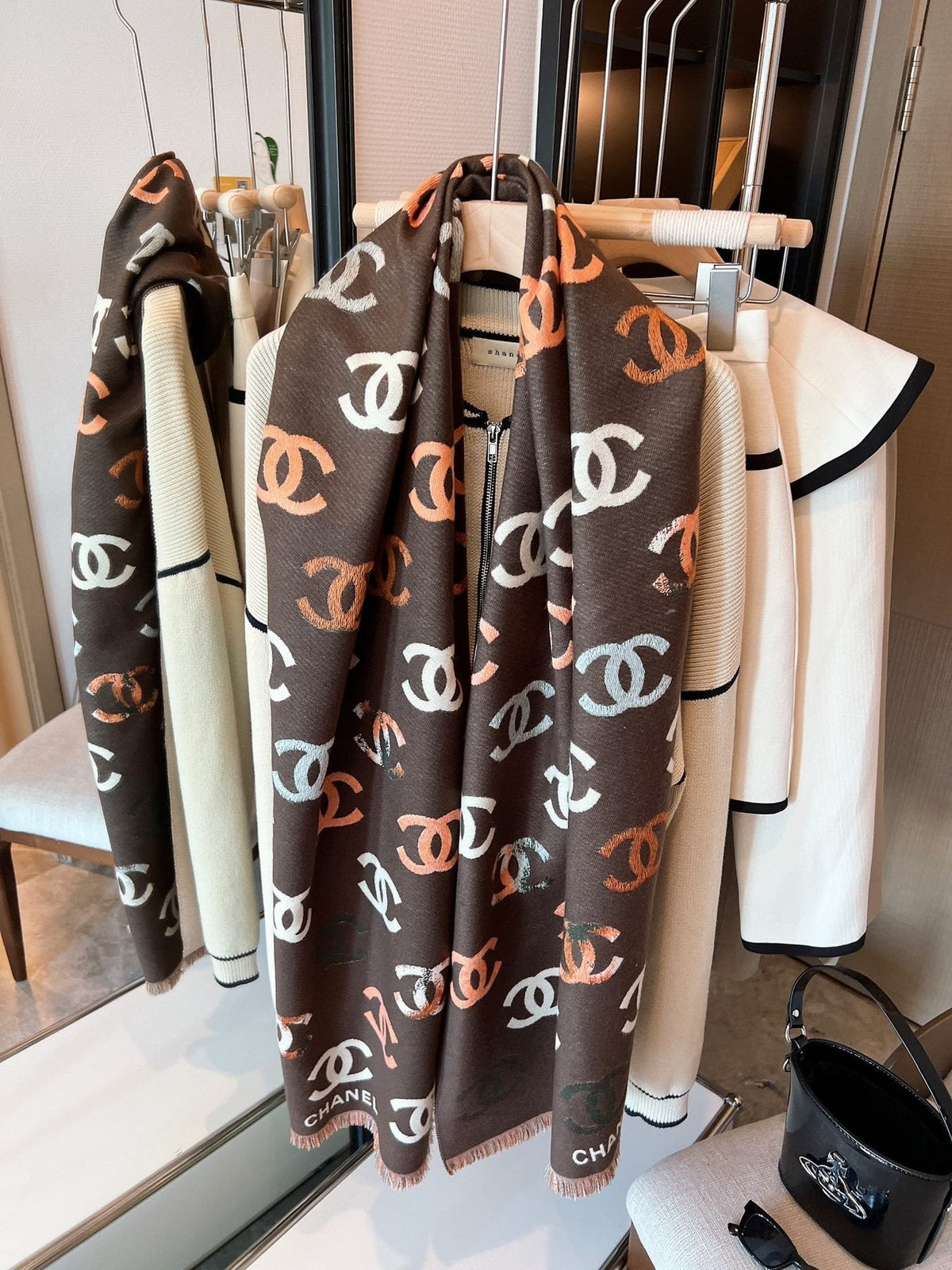 Chanel Patterned Fringed Scarf — front