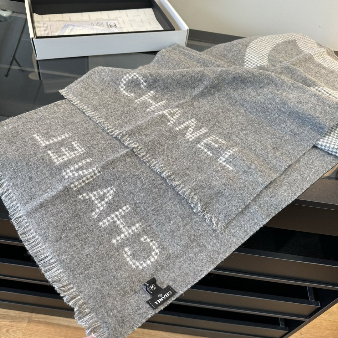 Chanel Two-Tone Houndstooth Fringe Scarf — front