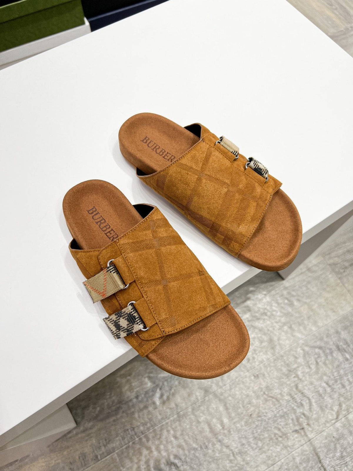 Burberry Navy Check Buckle Slide Sandals — front