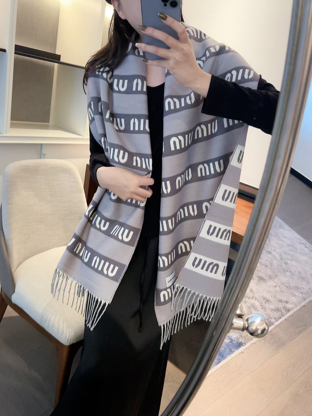 Miu Miu Gray, Black & White Fringed Scarf — model