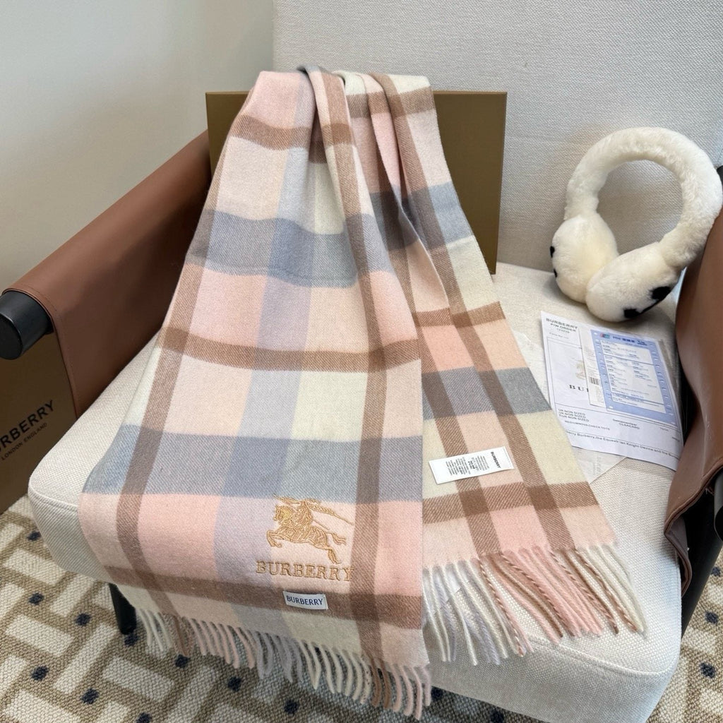 Burberry Cream Taupe Check Fringed Scarf — side