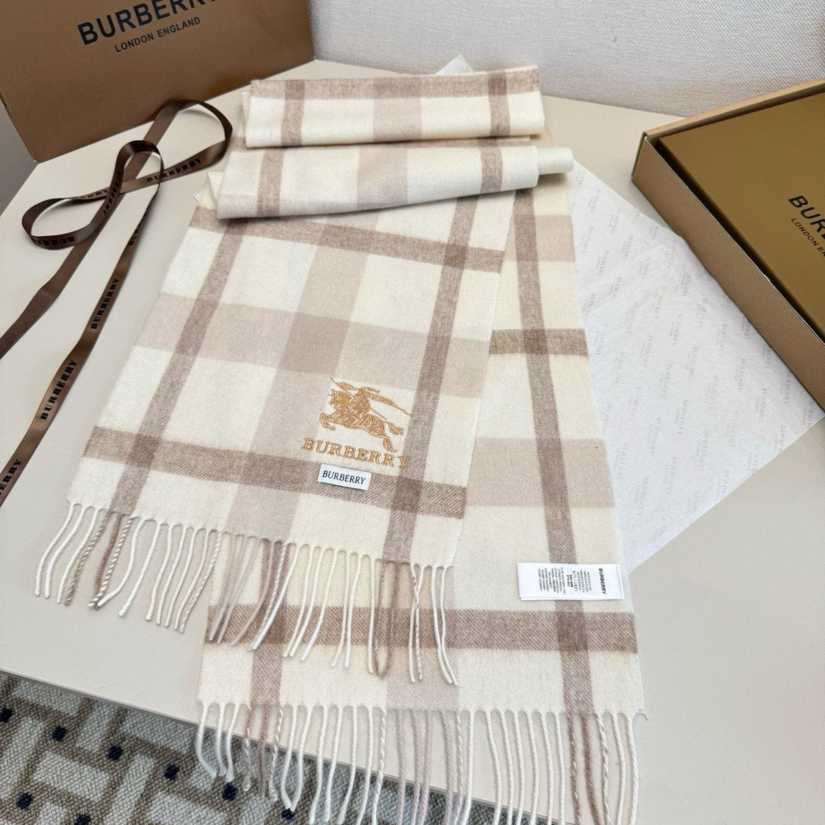 Burberry Cream Taupe Check Fringed Scarf — hero