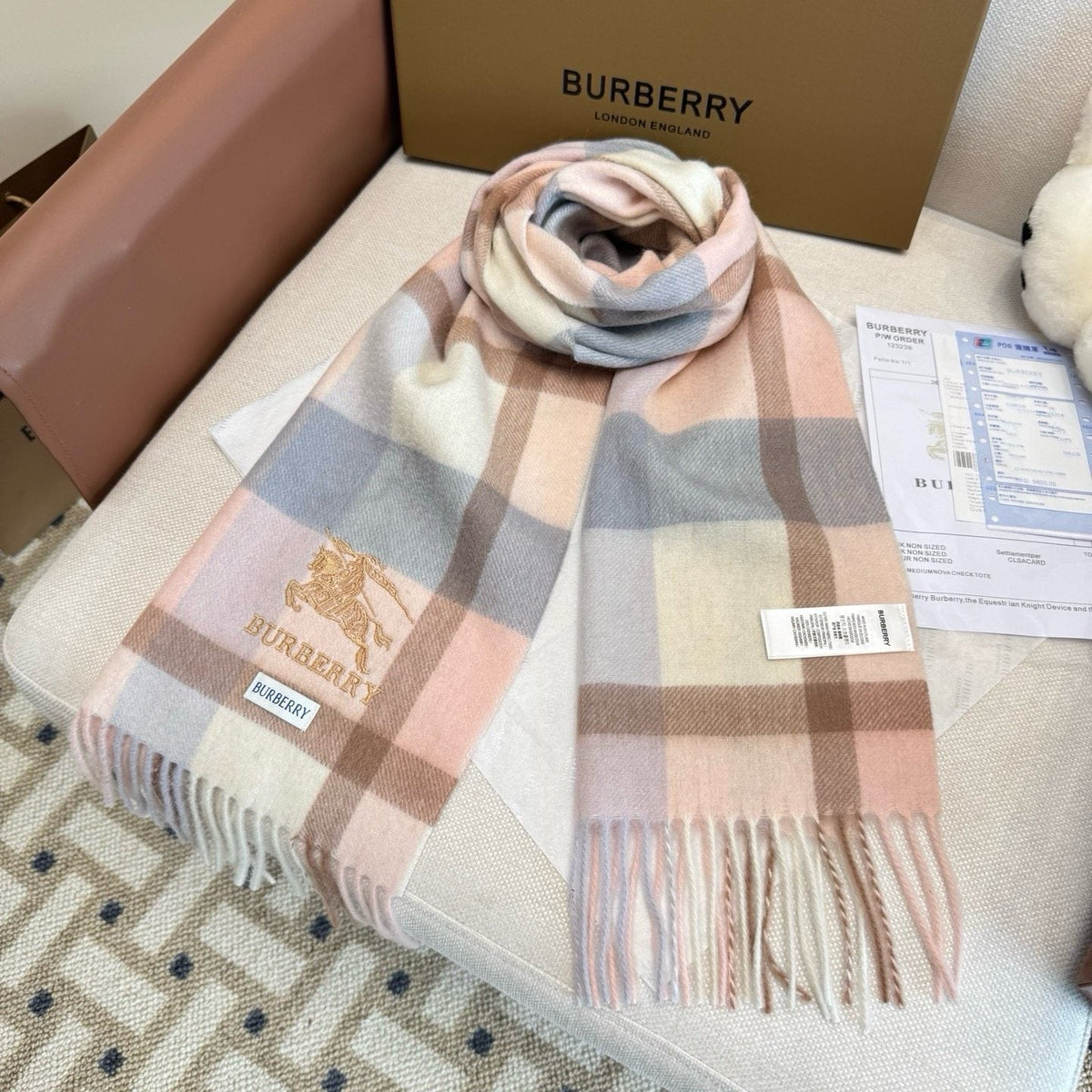 Burberry Cream Taupe Check Fringed Scarf — front