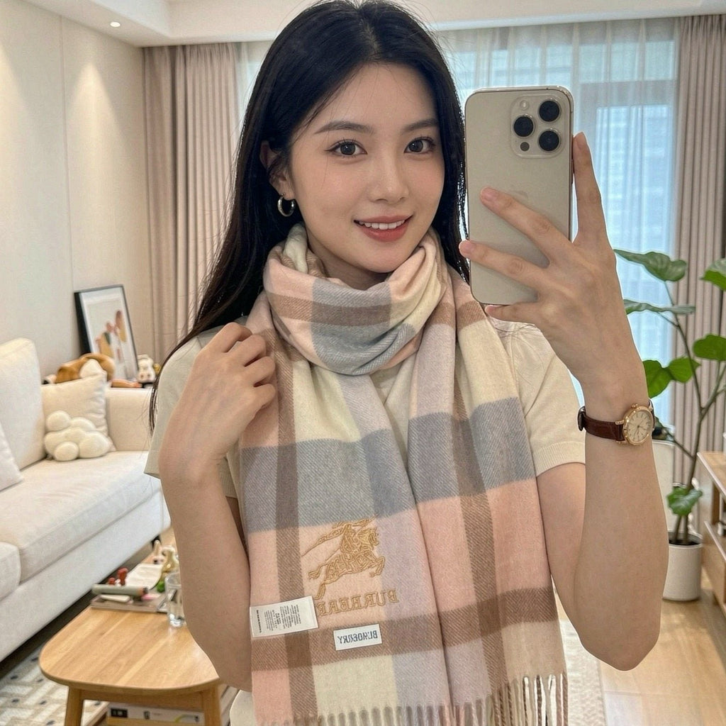 Burberry Cream Taupe Check Fringed Scarf — model