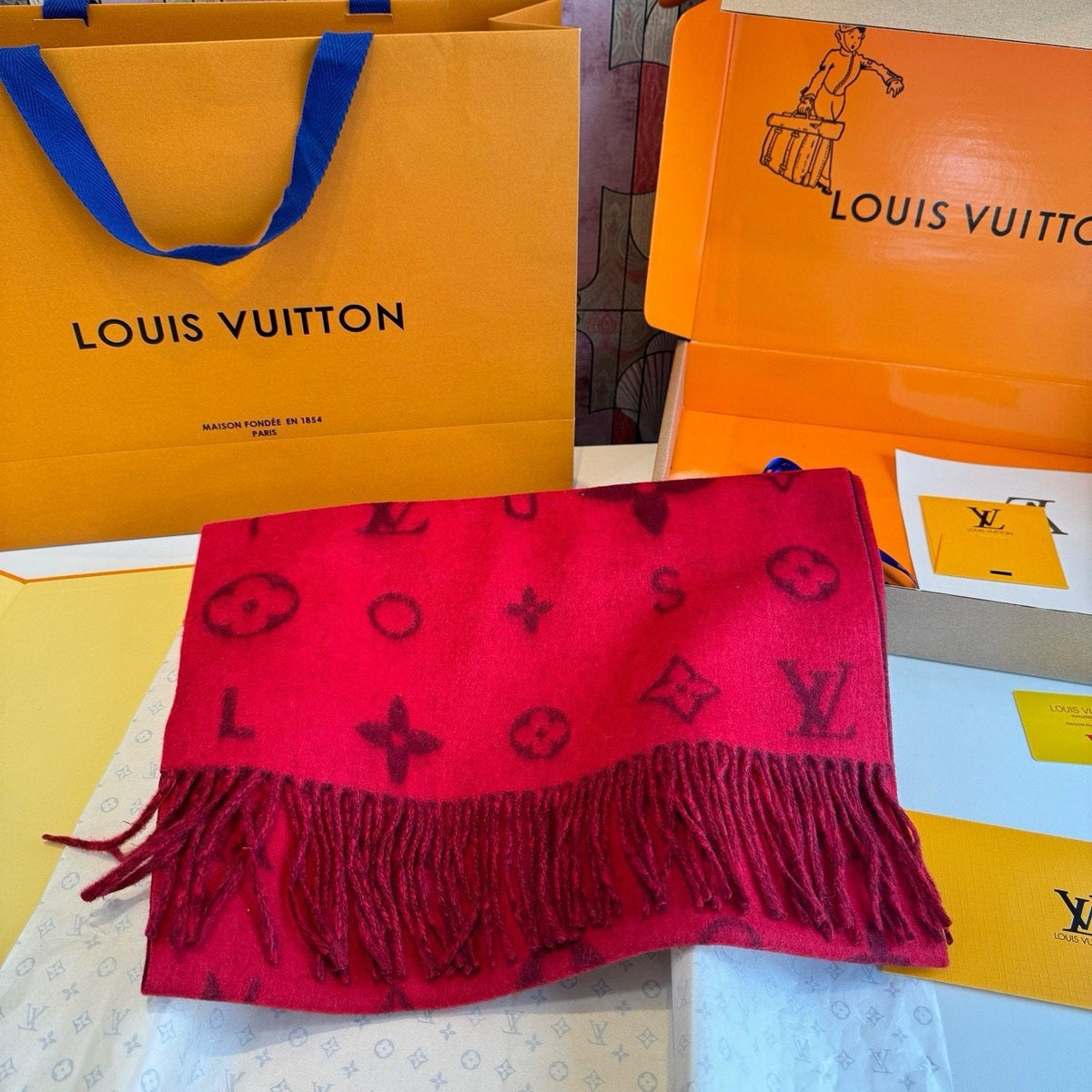 Louis Vuitton Fringed Wool Monogram Scarf — front