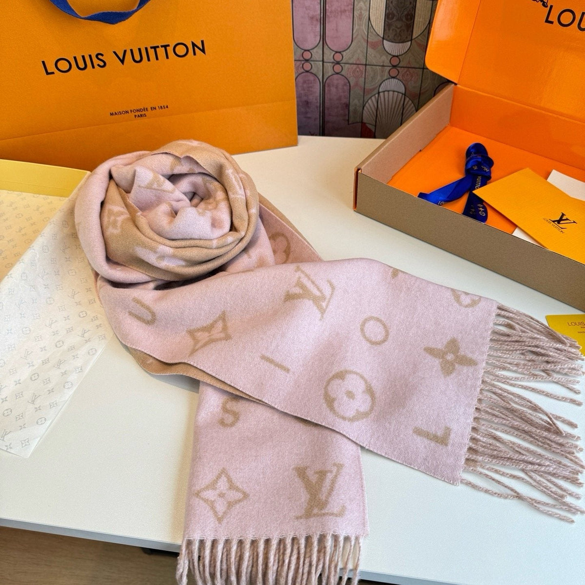 Louis Vuitton Fringed Wool Monogram Scarf — front