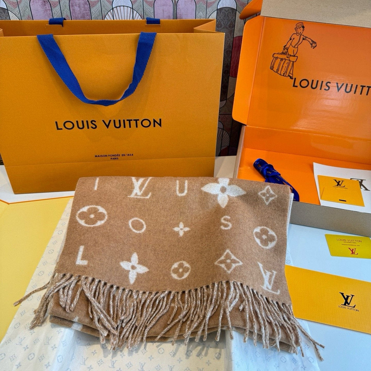 Louis Vuitton Fringed Wool Monogram Scarf — front