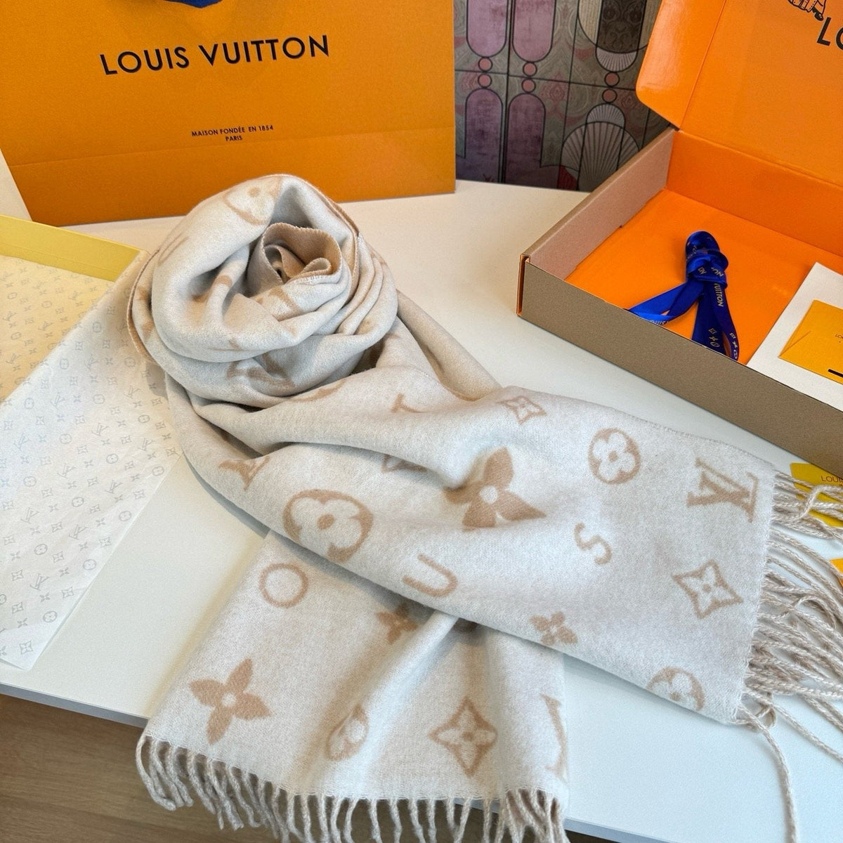 Louis Vuitton Fringed Wool Monogram Scarf — front