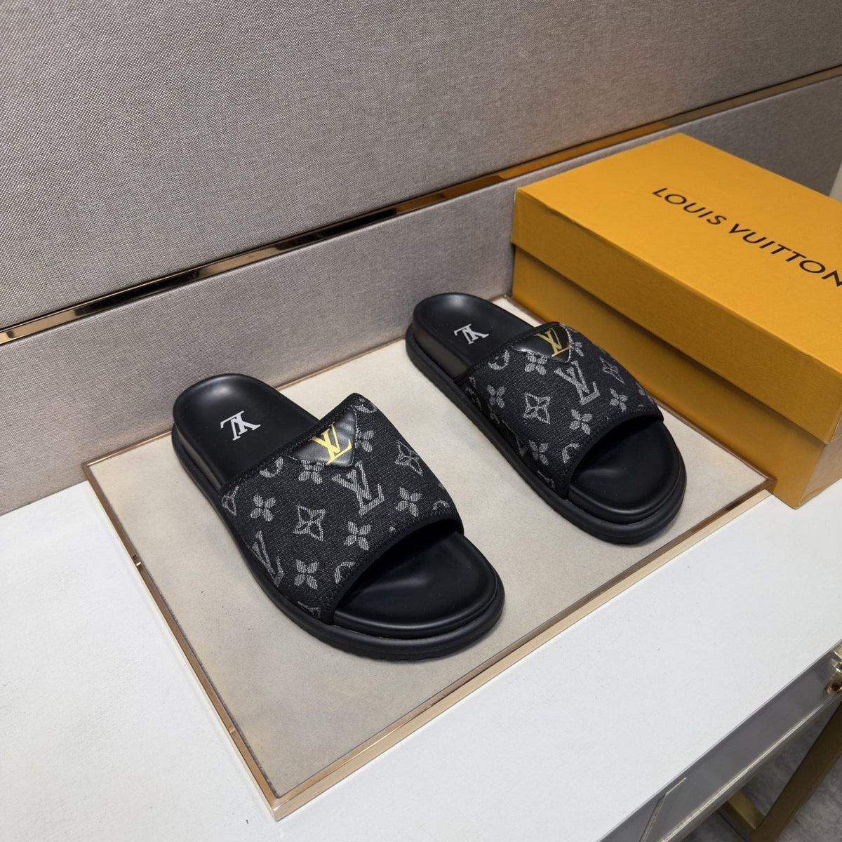Louis Vuitton Navy Patterned Slide Sandals — front